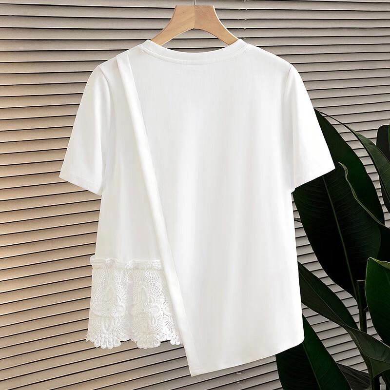 Women's Loose Fit Round Neck Lace Patchwork Short Sleeve T-Shirt
