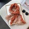 Gradient Blue Cotton-Linen Scarf: Retro Versatile Print, Long Pleated Women's Accessory for Autumn/Winter