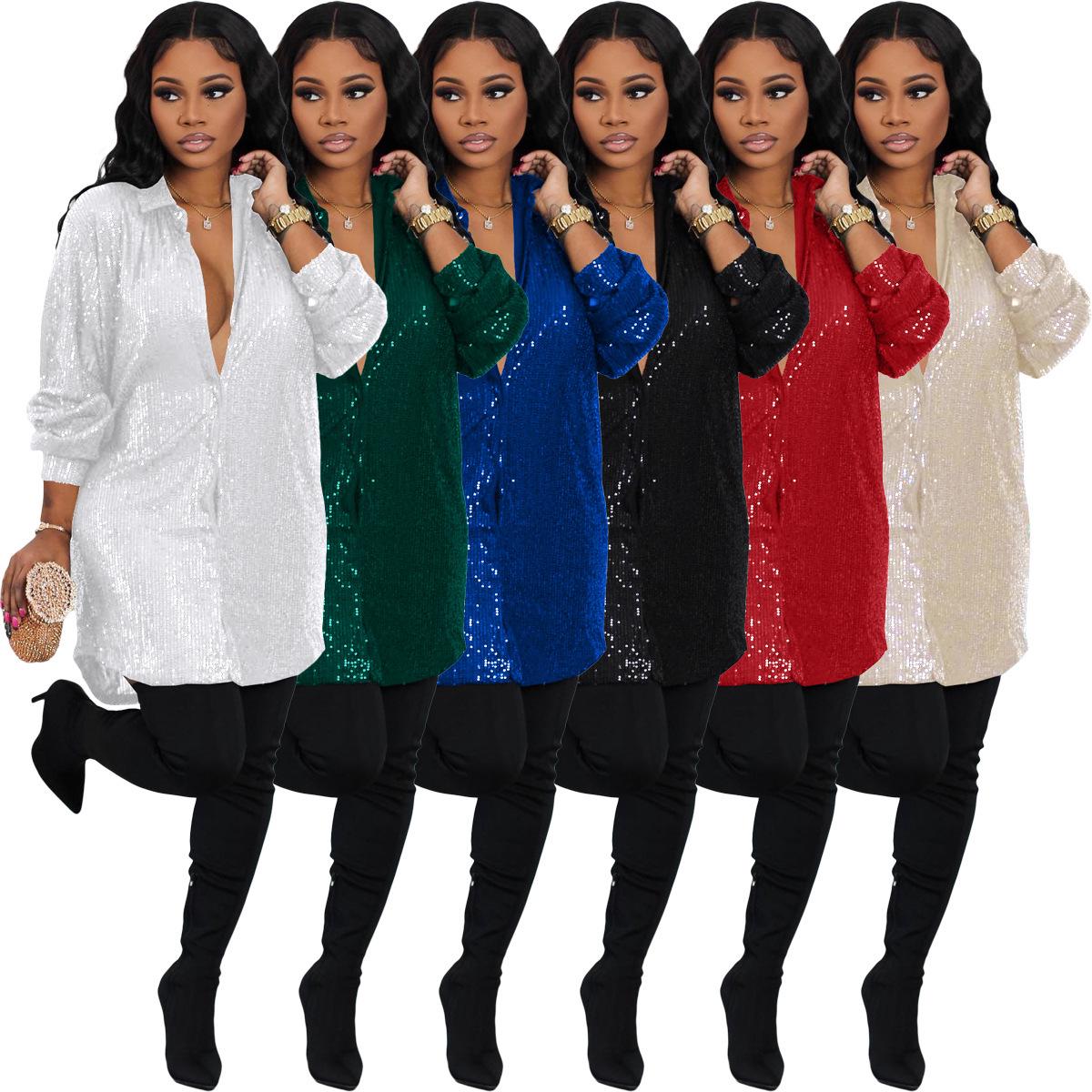 

European and American Women s Solid Color Sequin Loose Shirt Dress 3XL красный