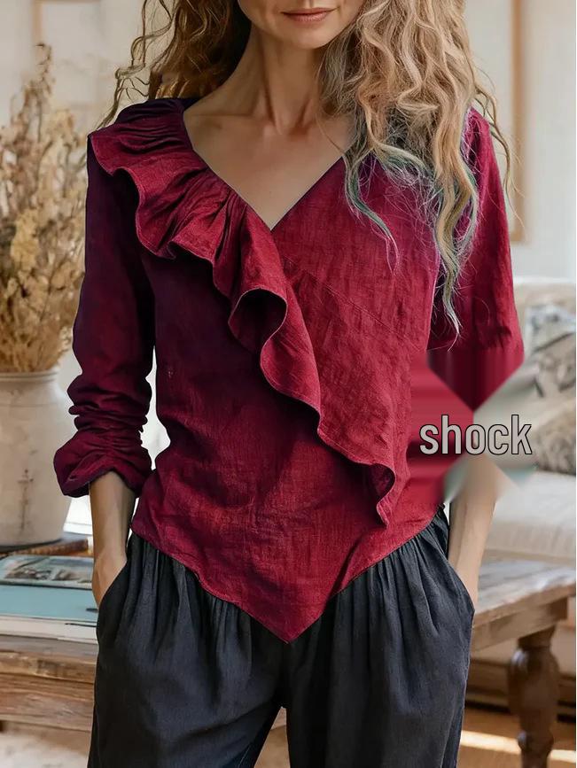 Women's Solid Color V-Neck Long Sleeve Casual Ruffle Cotton Linen Top 2026