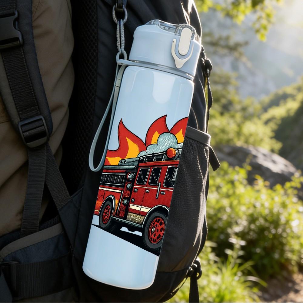 1PC Fire Truck Flame Silhouette 750ml Color Plastic Sports Water Bottle Leakproof Flip Straw Lid Suitable for Sports Office Home Use