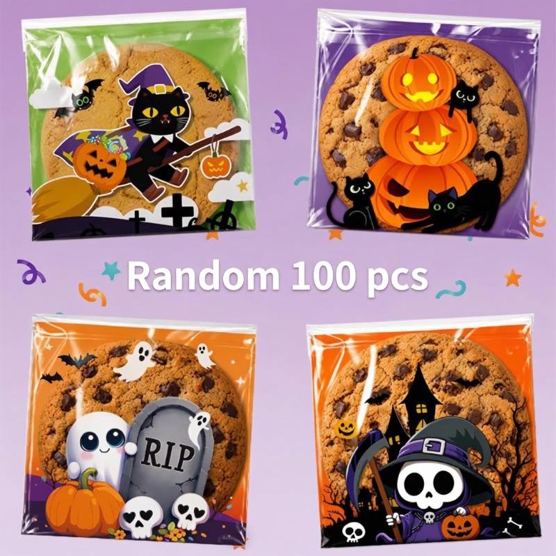 100Pcs Halloween Self Adhesive Treat Bags With Cute Spooky Prints For Packing Candies Cookies Halloween Party Favors