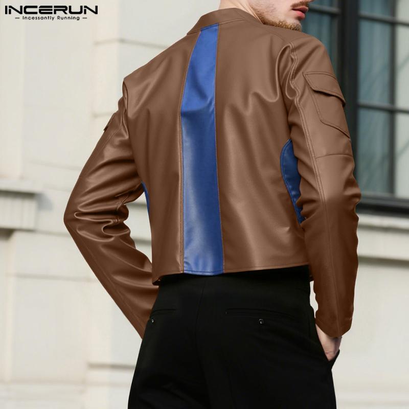 INCERUN Autumn Men Collarless Long Sleeve Zip-up PU Leather Casual Cropped Coats Jackets