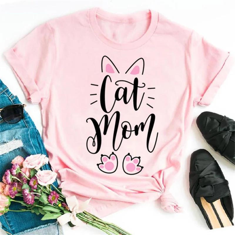 Maycaur Cute Paw Women T Shirt Fashion Cat MOM Printed Woman Tops Harajuku Punk O-neck Top Tee Black Shirt T Female T-shirt