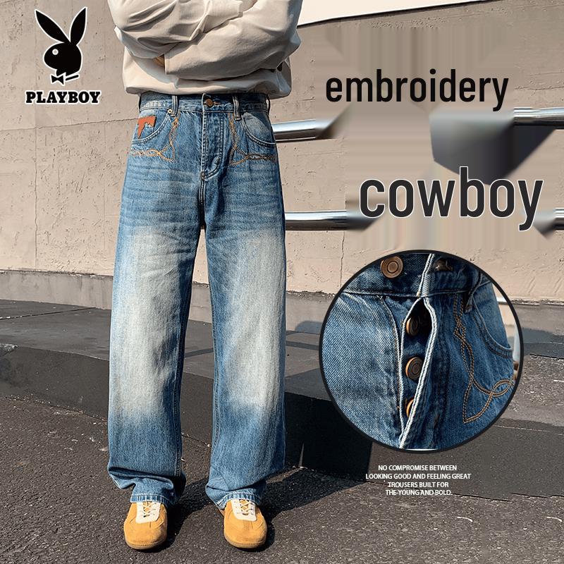 PLAYBOY Men s Retro Embroidered Loose Straight Jeans M