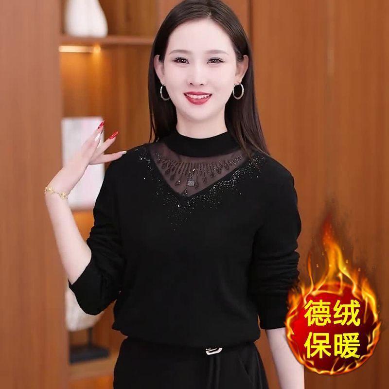 

Semi-turtleneck black mesh bottoming shirt women s autumn and winter new long-sleeved inner with thickened warm lace top M чёрный