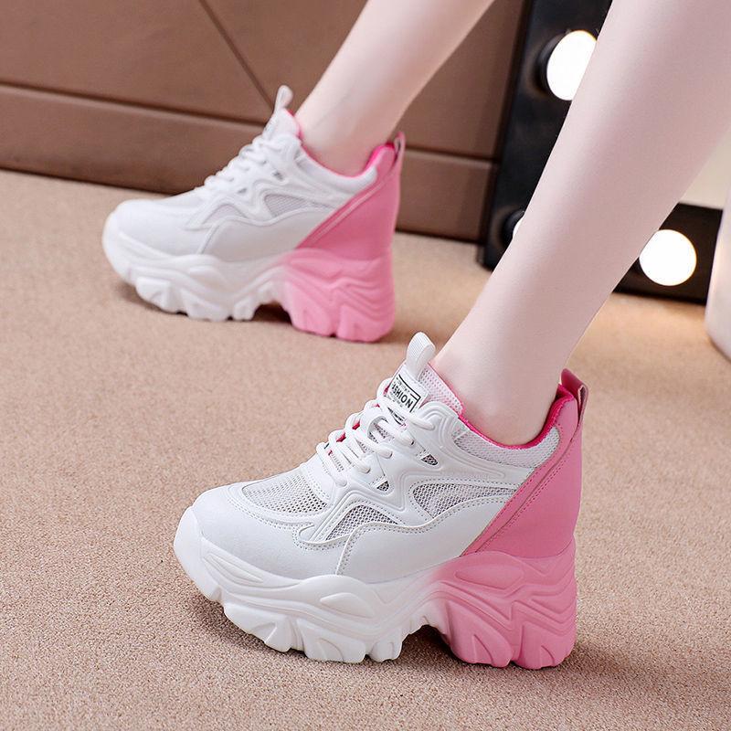 

Белые туфли на скрытом каблуке, женские летние тонкие дышащие повседневные кроссовки в тон, новый высокий каблук 34