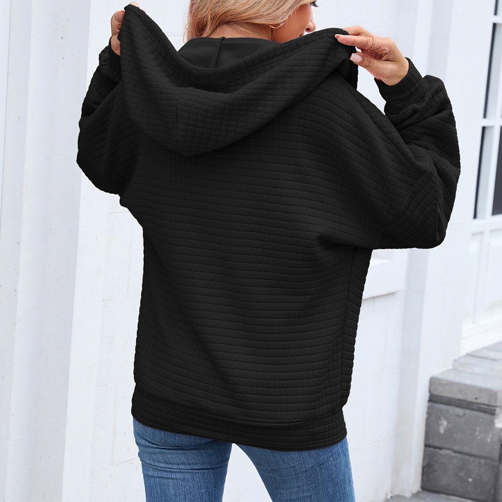 Women's Fashionable Solid Color Zipper Long Sleeved Hooded Pocket Sweatshirt Jacket