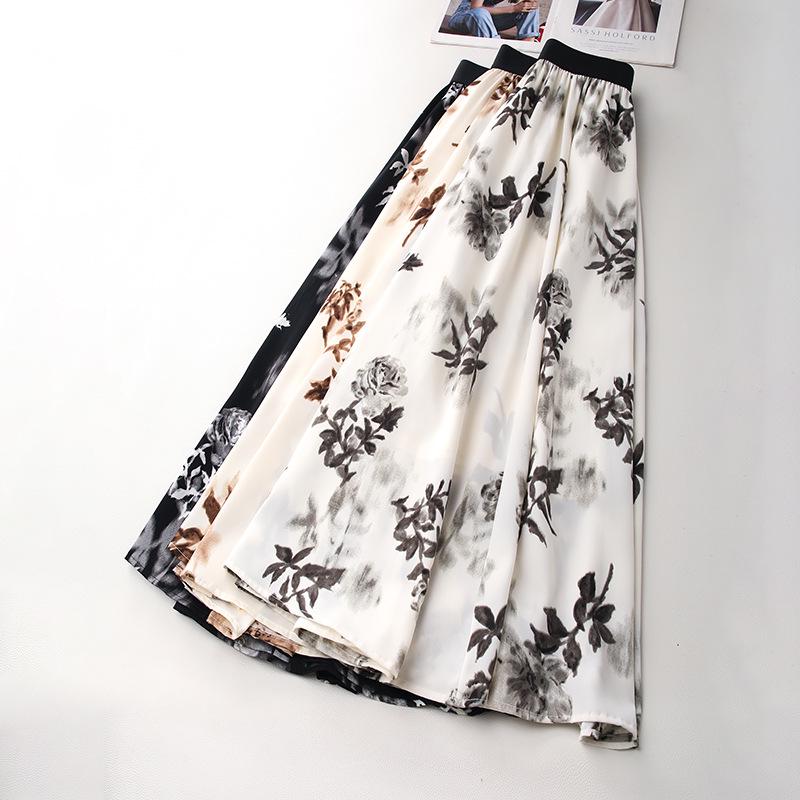 Women's Floral Print Pleated French Chiffon Midi Skirt - Spring/Summer 2025 High-Waist A-Line Design