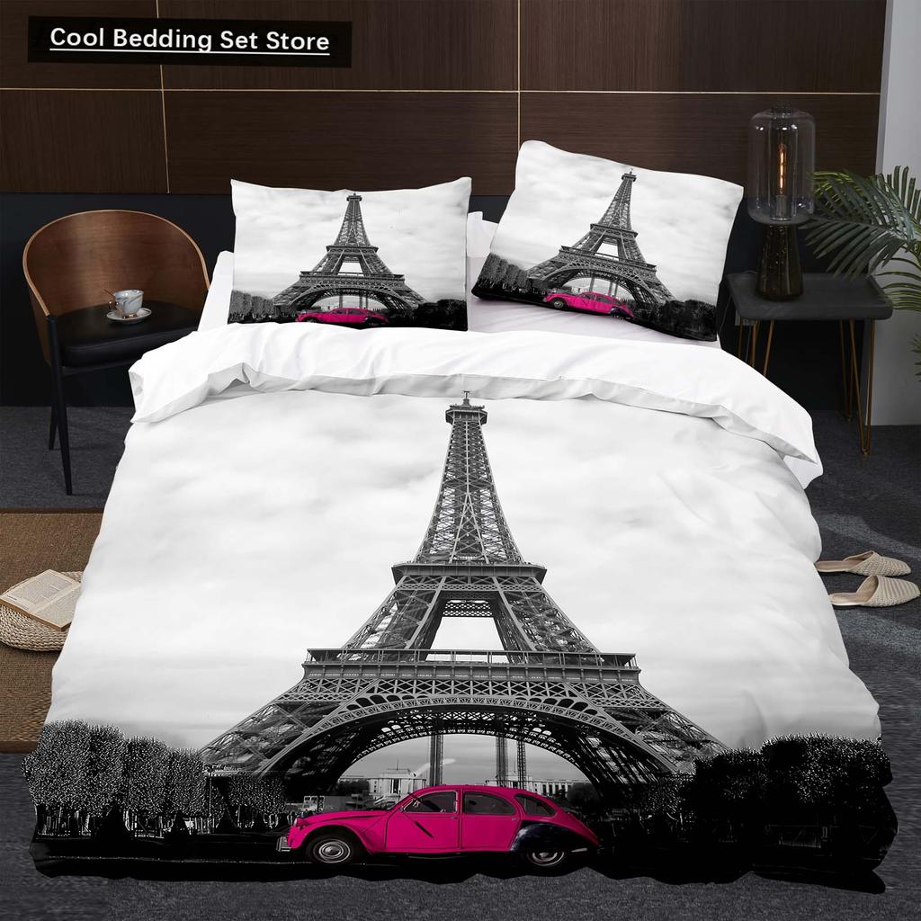 Eiffel Tower Flowers King Queen Duvet Cover Famous Architecture In Paris Bedding Set for Women Romantic Polyester Quilt Cover