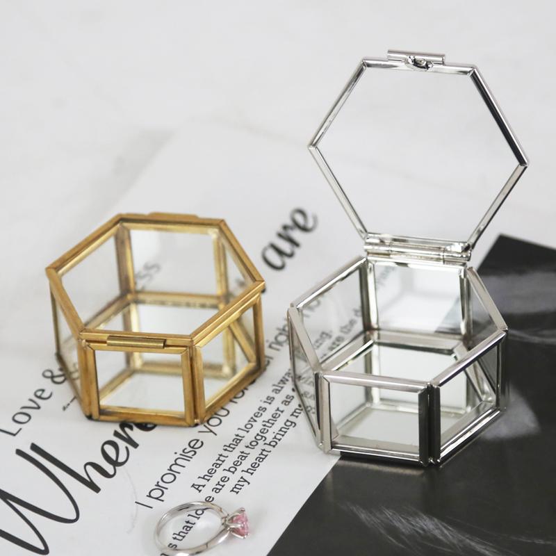 2021 Metal Small  Glass Silver Trilateral Jewelry Boxes Transparent Trinket Organizer With Golden Edge and Lid