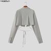 INCERUN Men Lapel Neck Long Sleeve Lace-up Cropped Short Shirts