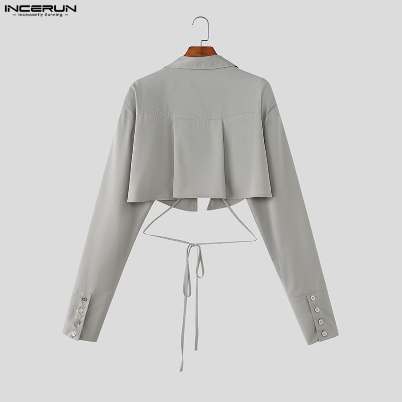 INCERUN Men Lapel Neck Long Sleeve Lace-up Cropped Short Shirts
