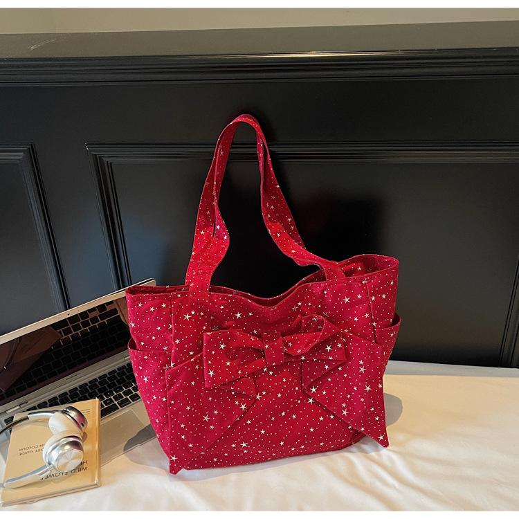 

Large-capacity commuter bag, portable underarm bag, shoulder bag, new foreign style tote bag, pleated bow canvas bag. бордовый