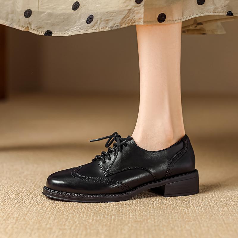2024 Dámské lodičky Oxfords Podzimní boty pro ženy Dámské boty z pravé kůže Retro šněrovací mokasíny Neformální Ručně vyráběné černé dívčí boty