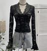 Women's Sexy V-neck Lace Shirt with Lace-up Bowknot and Hollow Long Sleeves