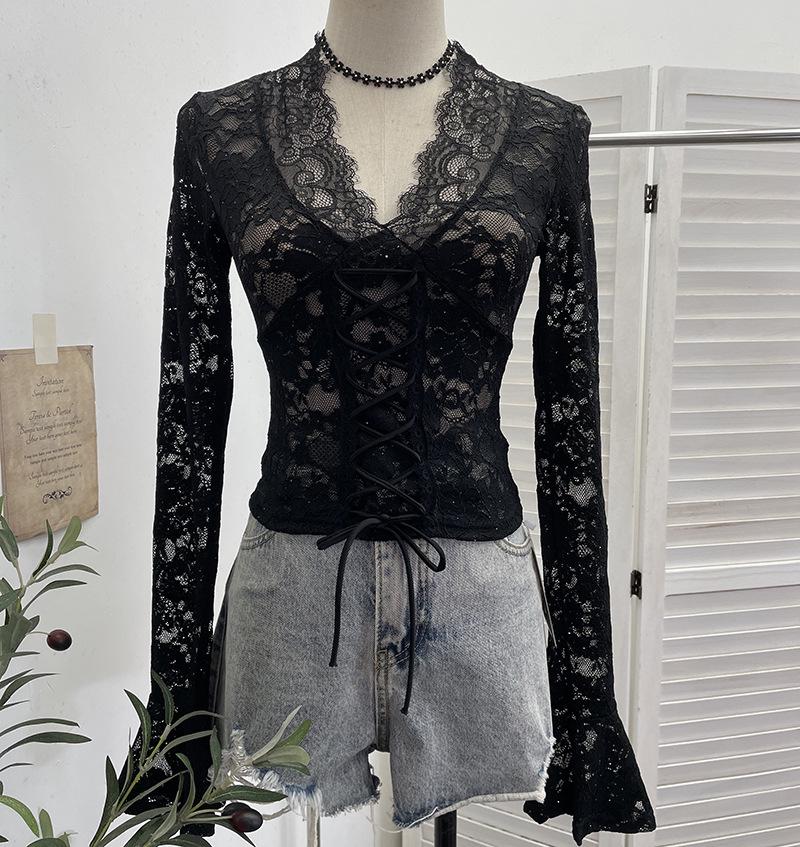 Women's Sexy V-neck Lace Shirt with Lace-up Bowknot and Hollow Long Sleeves