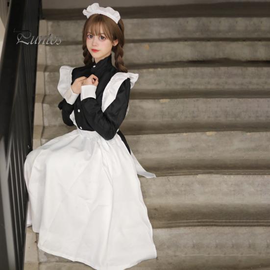 1 Set Maid Cosplay Dress Set Includes Apron Headband Bow And Socks Unisex A-Line Calf-Length Contrast Color Ruffle Dress Parties Photography Servant
