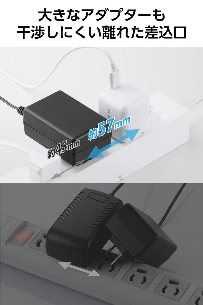 ELECOM ECT-3910WH Power Strip, 30W, 3-Port Type-C to USB-A, 6 Outlets, 1m, with Group Switch, Rotating Legs, and Lightning Guard, White
