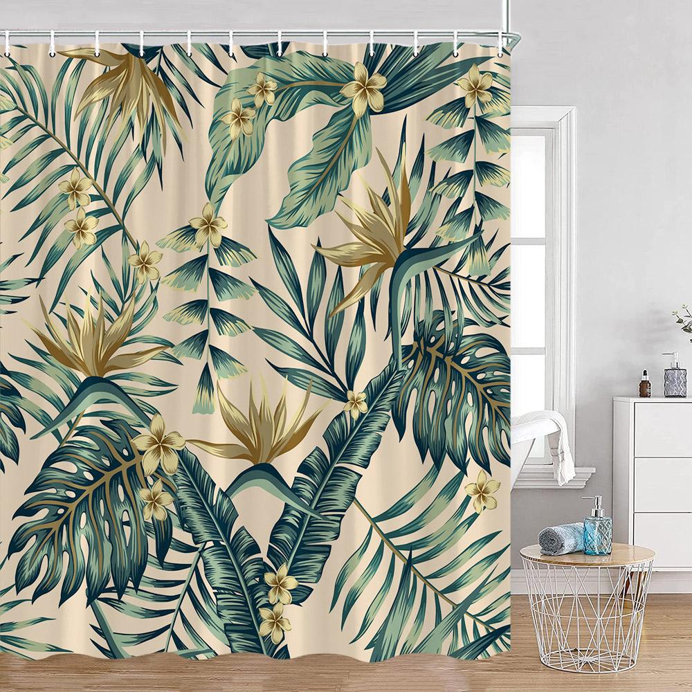 Green Leaves Shower Curtains Monstera Palm Leaf Green Plants Botanical Bathroom Curtain Greenery Bath Deorations with Hooks