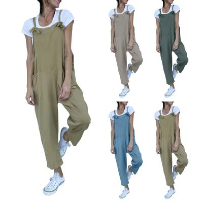 Women's Loose High Waist Pocket Fashion Solid Color Cotton Linen Suspender Jumpsuit