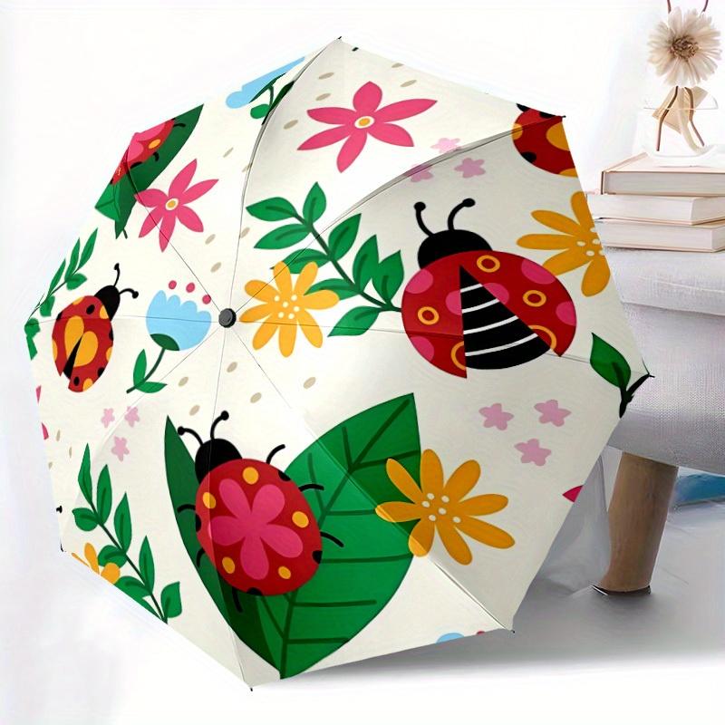 1pc Ladybug, Floral Pattern Automatic Folding Umbrella - 8-Rib Iron Frame, Windproof, Portable Sunshade with Plastic Handle for Travel & Out