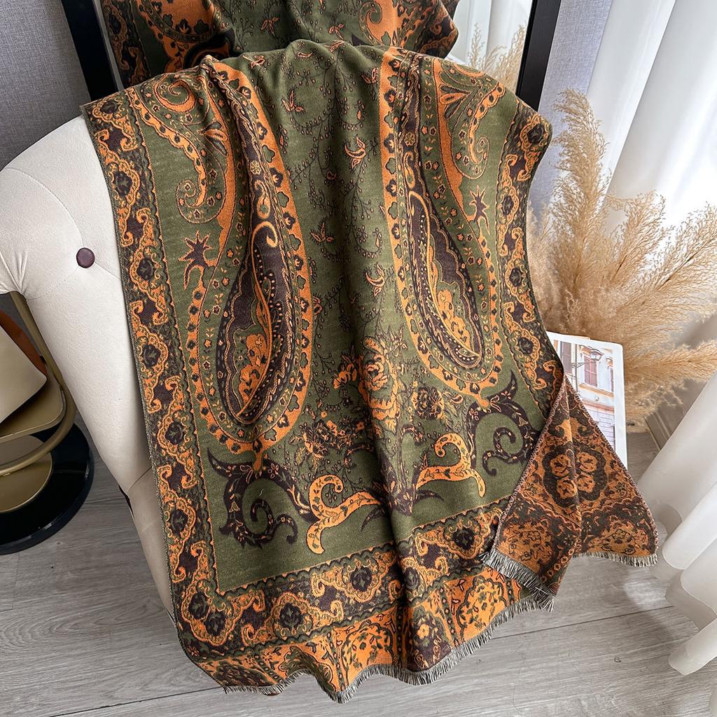 Tjock halsduk i imiterad kashmir för damer, vinter, dubbelsidig, kontrastfärg, jacquard, cashewmönster, retro etnisk stil sjal