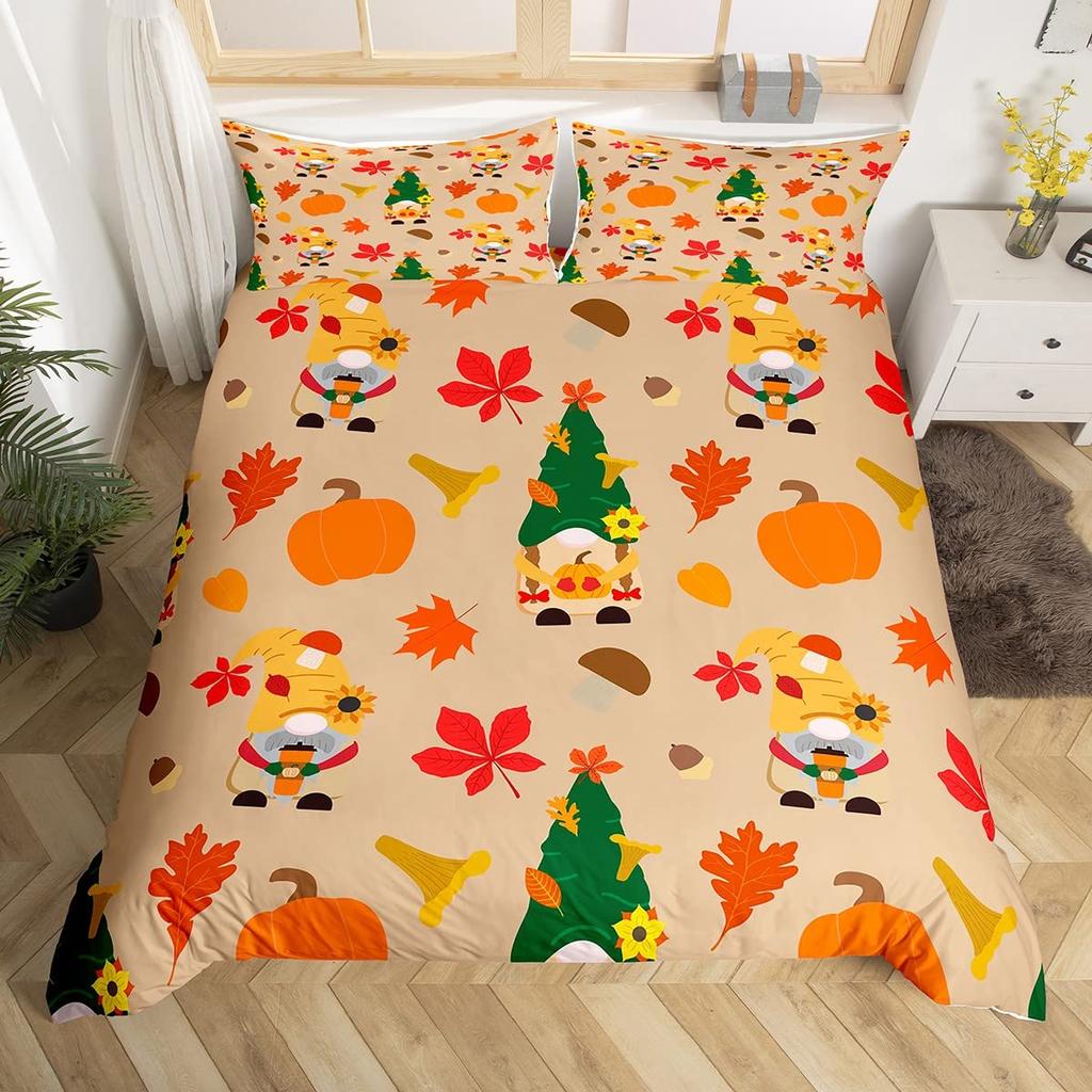 Cartoon Dwarf Dwarf Duvet Cover Queen for Kids Girls,Fall Leaves Pumpkin Bedding Set Autumn Gnome Turkey Maple Leaf Quilt Cover