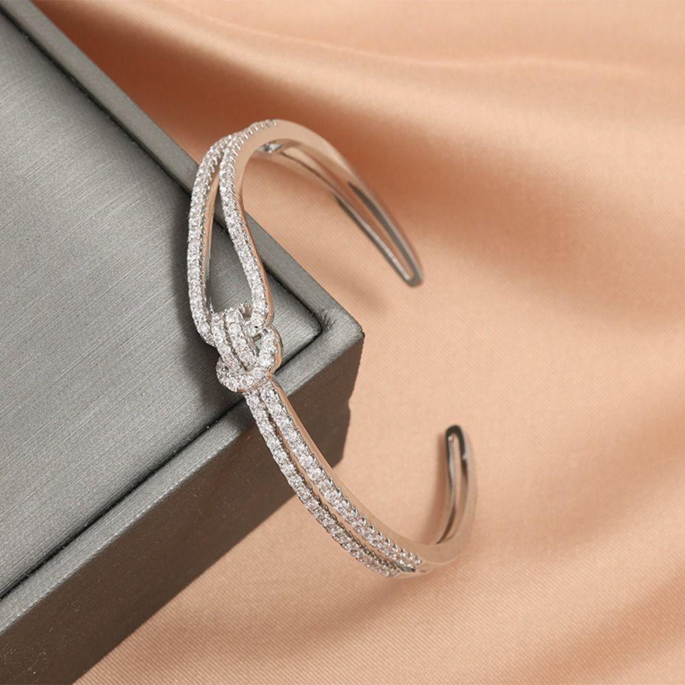 Crystal Knot Cuff Bangles Double Layer Rhinestone Bracelet Simple Cross Wide Open Bangle  Women