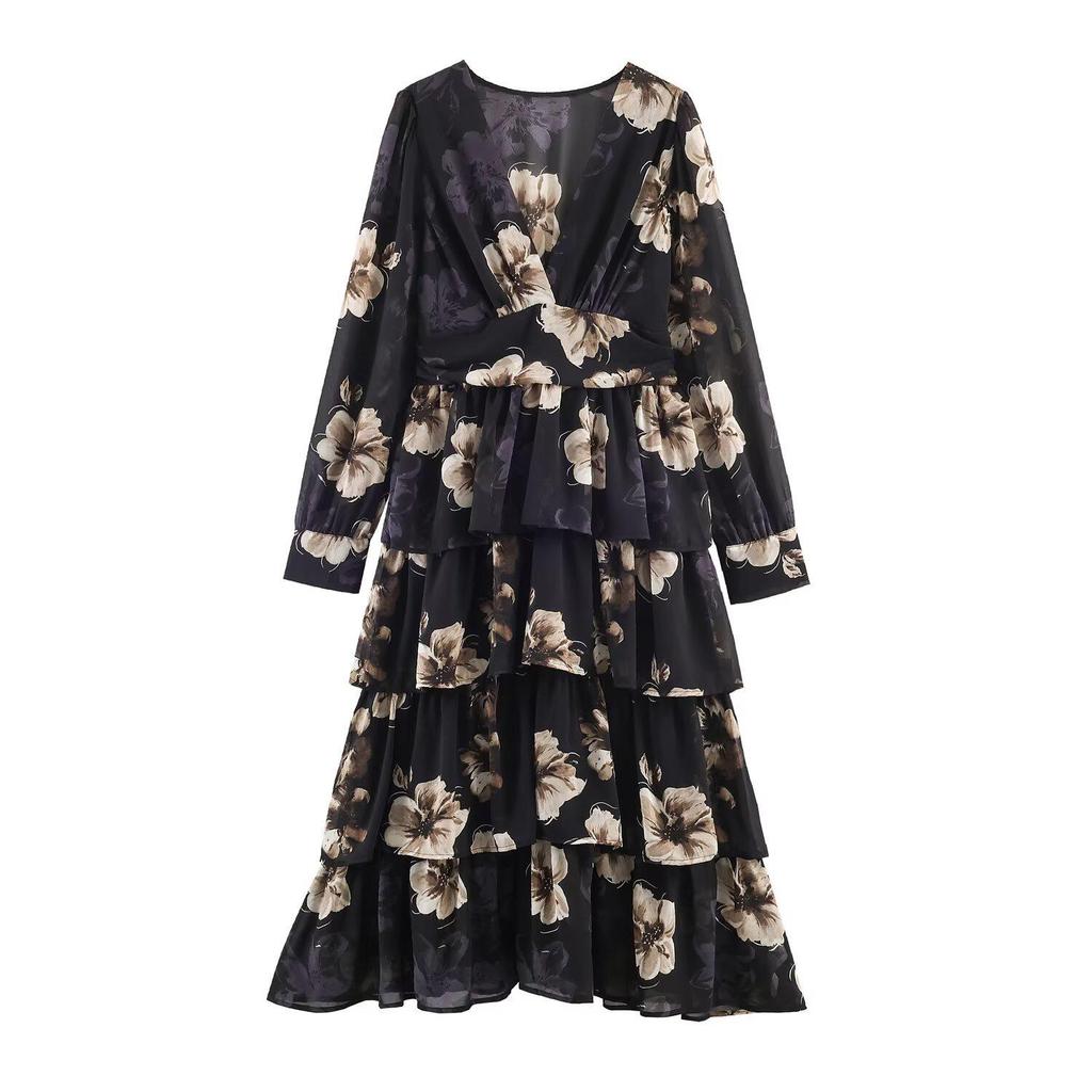 Spring 2026 Women's European & American Style V-Neck Printed Long Sleeve Dress