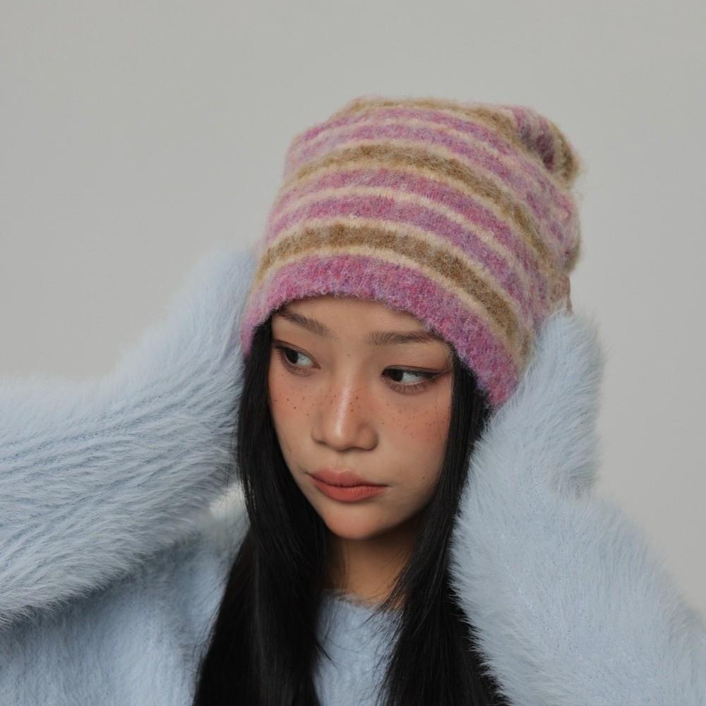 Plush Warm Skullies Hat Striped Ski Ear Protection Cap Unisex Knitted Beanies