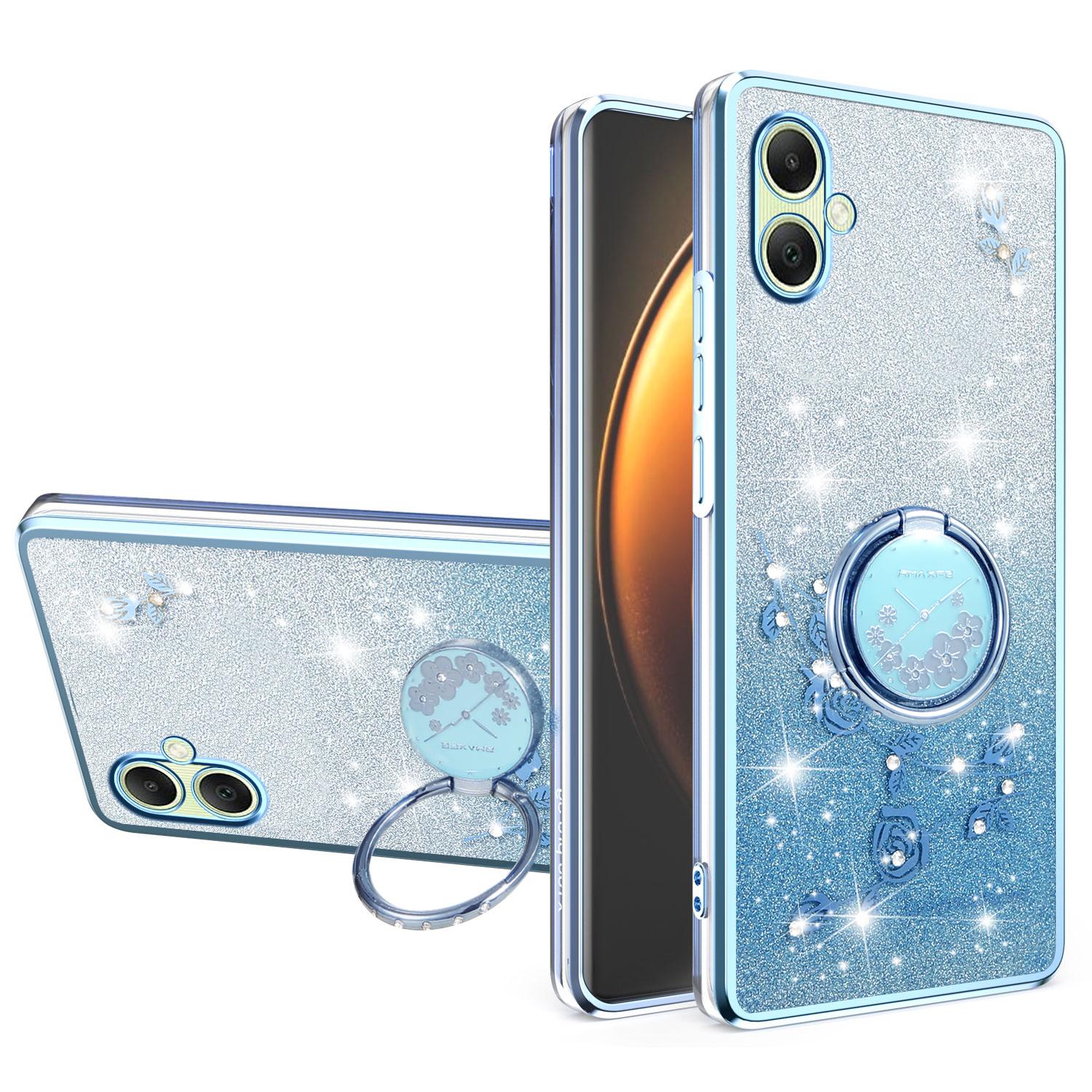 

KADEM For Samsung Galaxy A07 Case Ring Kickstand TPU Flowers Phone Cover Gradient Glitter Blue