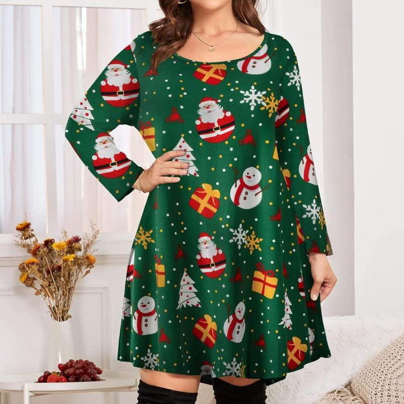 Women's Fashion Christmas Print Midi Sleeve Plus Size Dresses
