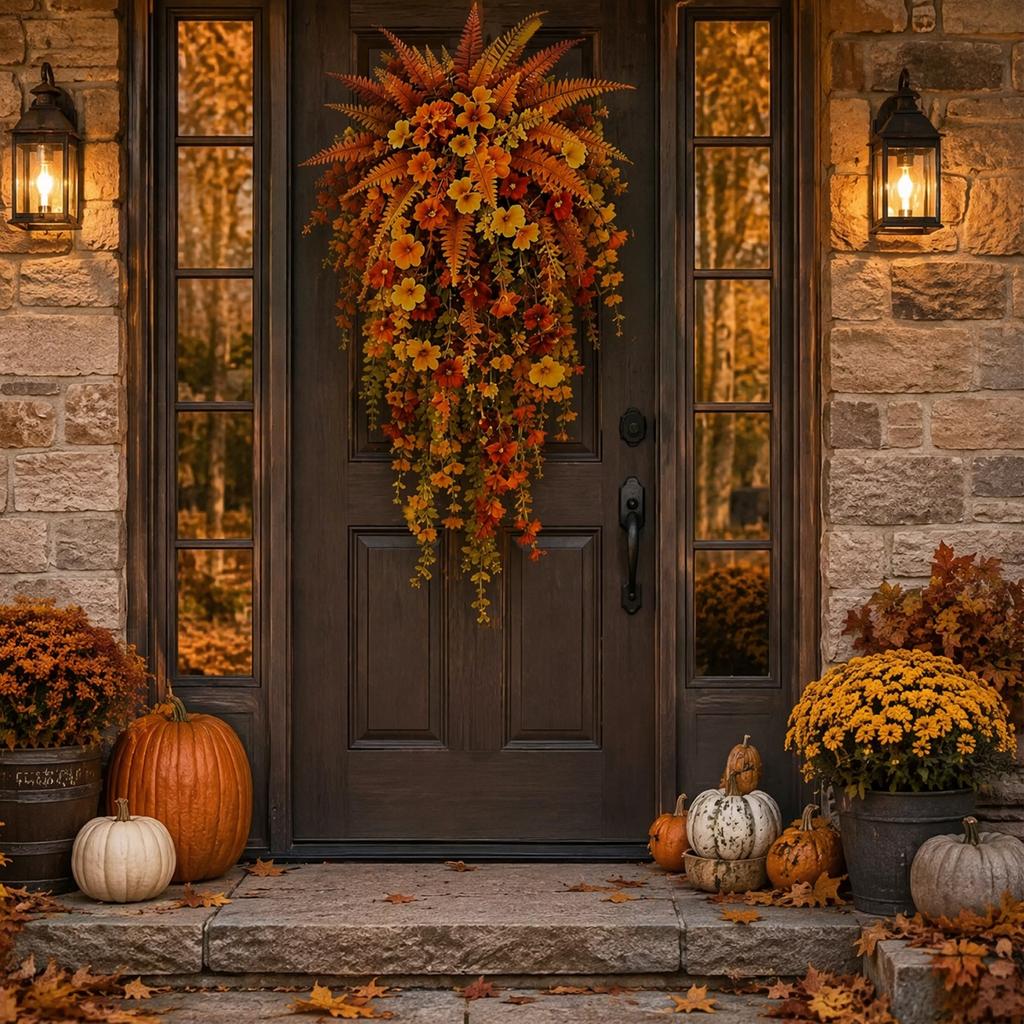 Fall Entryway Hanging Basket Faux Floral Swag Autumn Harvest Door Orange Gold Porch Decor