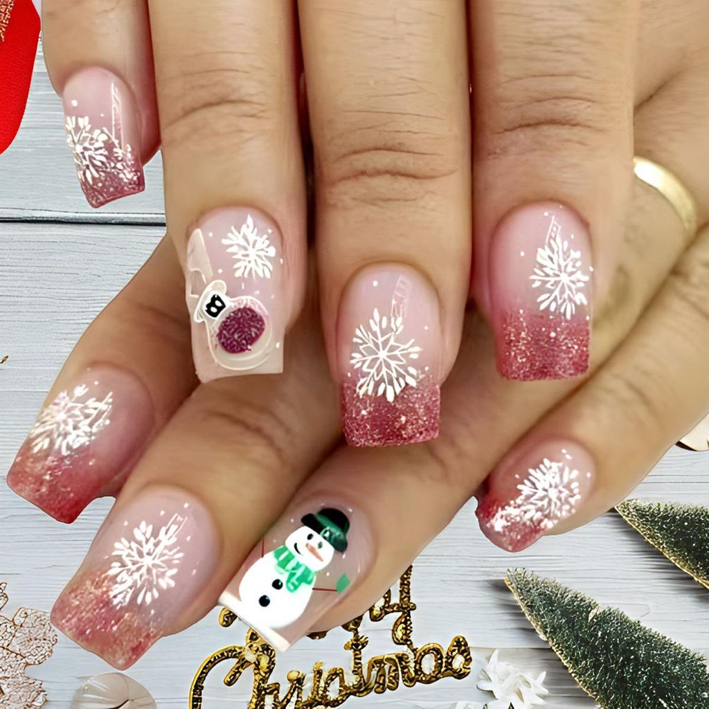 24Pcs Christmas Blue Glitter Short Square Press On Nails With Snowflake French Design Fake Nails For Women Holiday Manicure