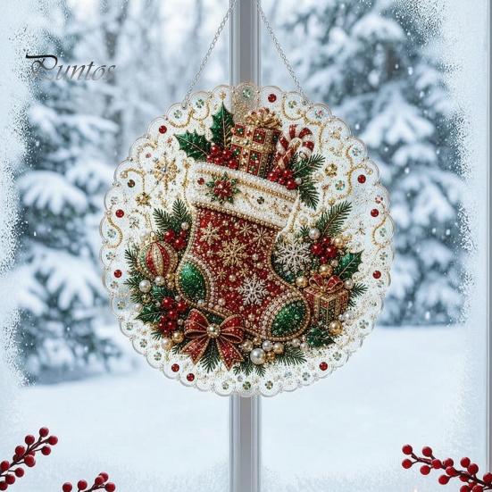 Layered 3D Holiday Decorations Christmas Faux Pearl Painting Suncatcher Kit, Cute Santa Snowman Tree Beaded Craft Kits for Adults Kids Ornament,