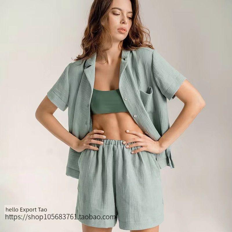 Fashion Style Short Sleeve Shirt Shorts Double-Layer Gauze Suit Short Sleeve Shirt Shorts Set