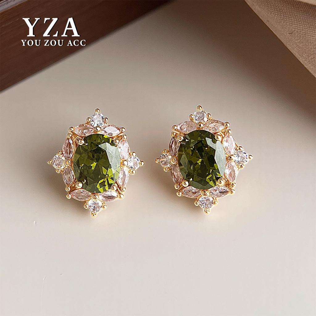 Vintage French Geometric Pigeon Egg Zircon Stud Earrings – Silver Needle, Light Luxury Style for Women