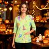 Women's Halloween Print V-Neck Top with Pockets, Side Slit, 3/4 Sleeves