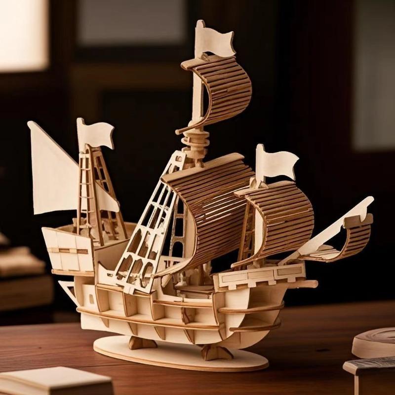 Children's Wooden Ship Model Assembled Toy Jigsaw Puzzle 3d Three-dimensional Educational Sailboat Model Parent-child Manual.