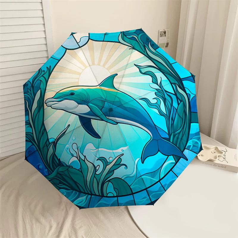 1PC Dolphin Stained Glass Automatic Open/Close Umbrella with Windproof, 8-Rib Sturdy Canopy, Durable Ribs, Fashionable Design,1248A