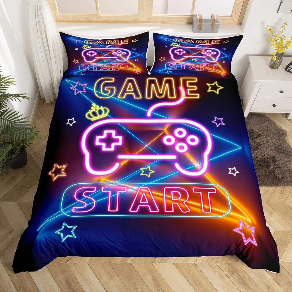 Gamepad Duvet Cover Set Queen Video Game Twin Bedding Set Microfiber Green Cartoon Gamer Pattern Electronic Theme Quilt Cover