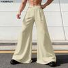 INCERUN Men High Waist Back Elastic Pockets Casual Long Wide Legs Trousers Pants