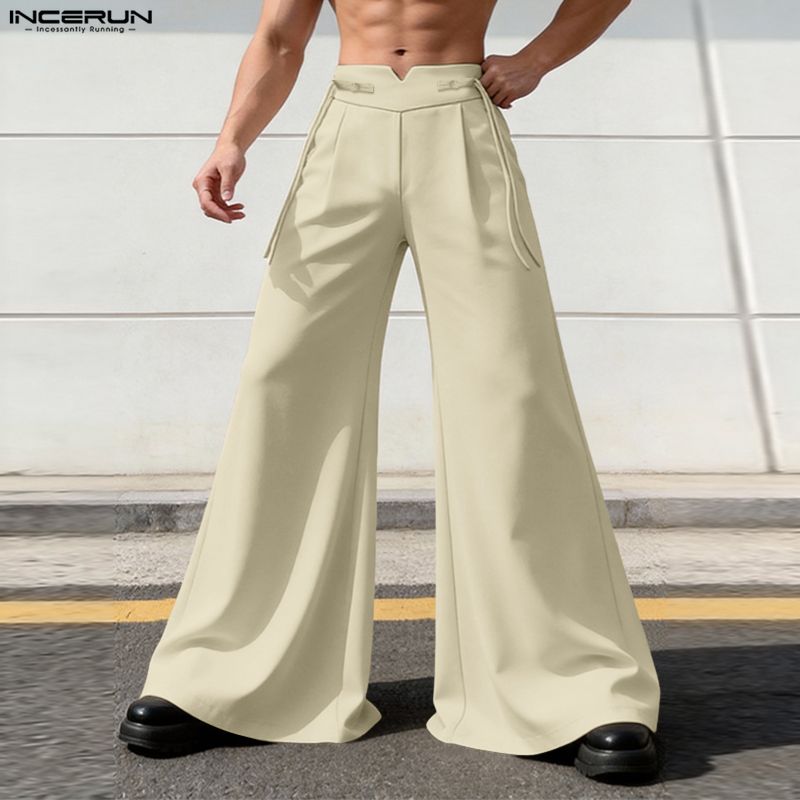 INCERUN Men High Waist Back Elastic Pockets Casual Long Wide Legs Trousers Pants