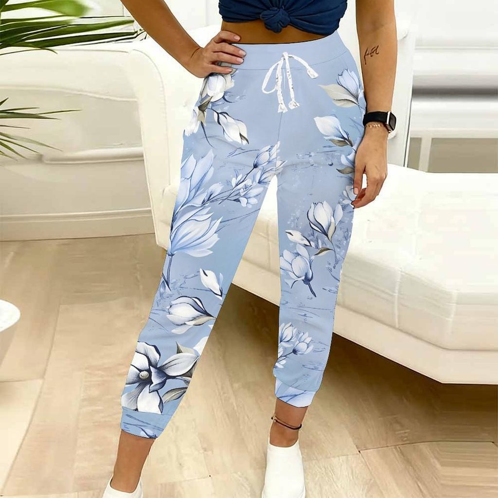 Summer Ladies Floral Print Sweatpants Loose Fit Drawstring Joggers Elastic Cuff Daily Casual Pants