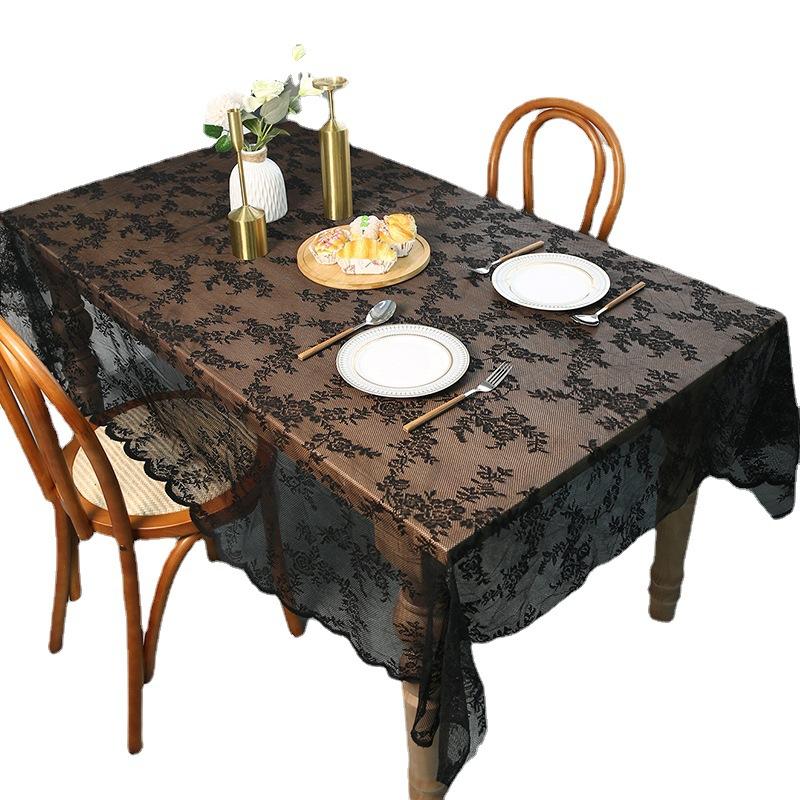 Retro Hollow Warp Knitted White Black Lace Tablecloth American Household Rectangle Dining Table Mat Cover