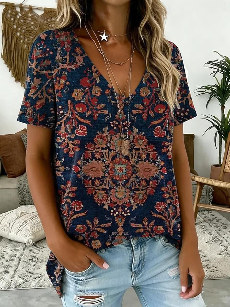 Women s T Shirt Print Graphic Geometric Vintage Stylish Classic Short Sleeve V Neck Regular Tops S