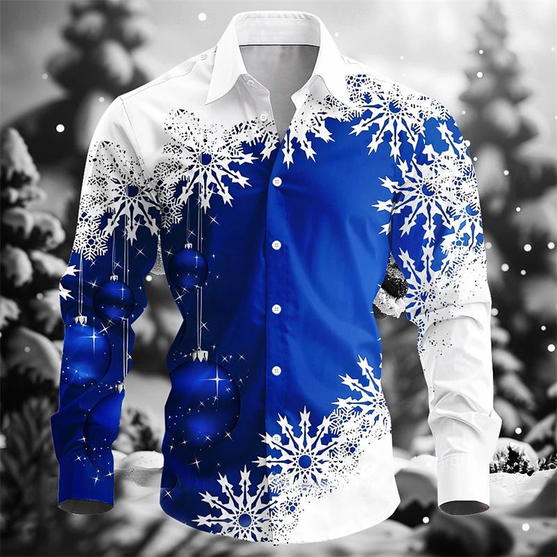 Christmas Men's Long-Sleeve Shirt, Red and White Color Block, Christmas Ball and Snowflake Pattern, Holiday Party Shirt