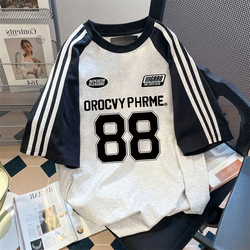 

Fashion High Street Chinese Fad Contrast Color Stripes Short Sleeve T-shirt Female American Heavy Weight Oversize Three Bars Half Sleeve Tops Black and gray 2XL