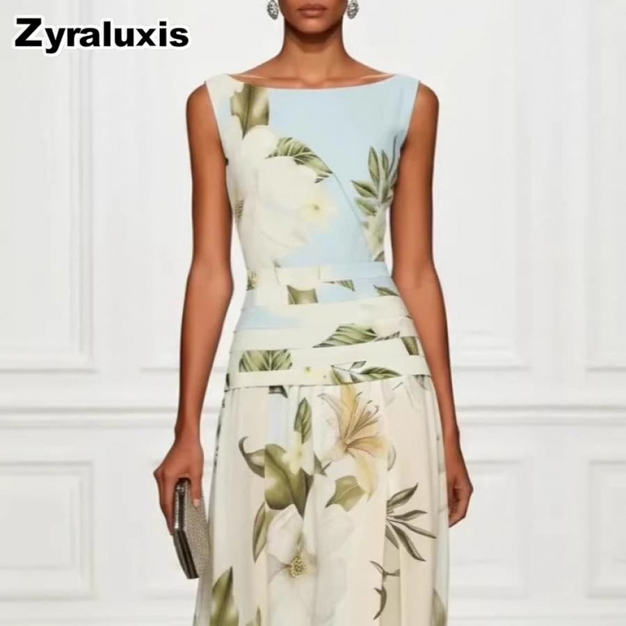 Summer Vintage Sexy V-Neck Floral Print Women's Dress Sleeveless Backless High Waist Long Skirt